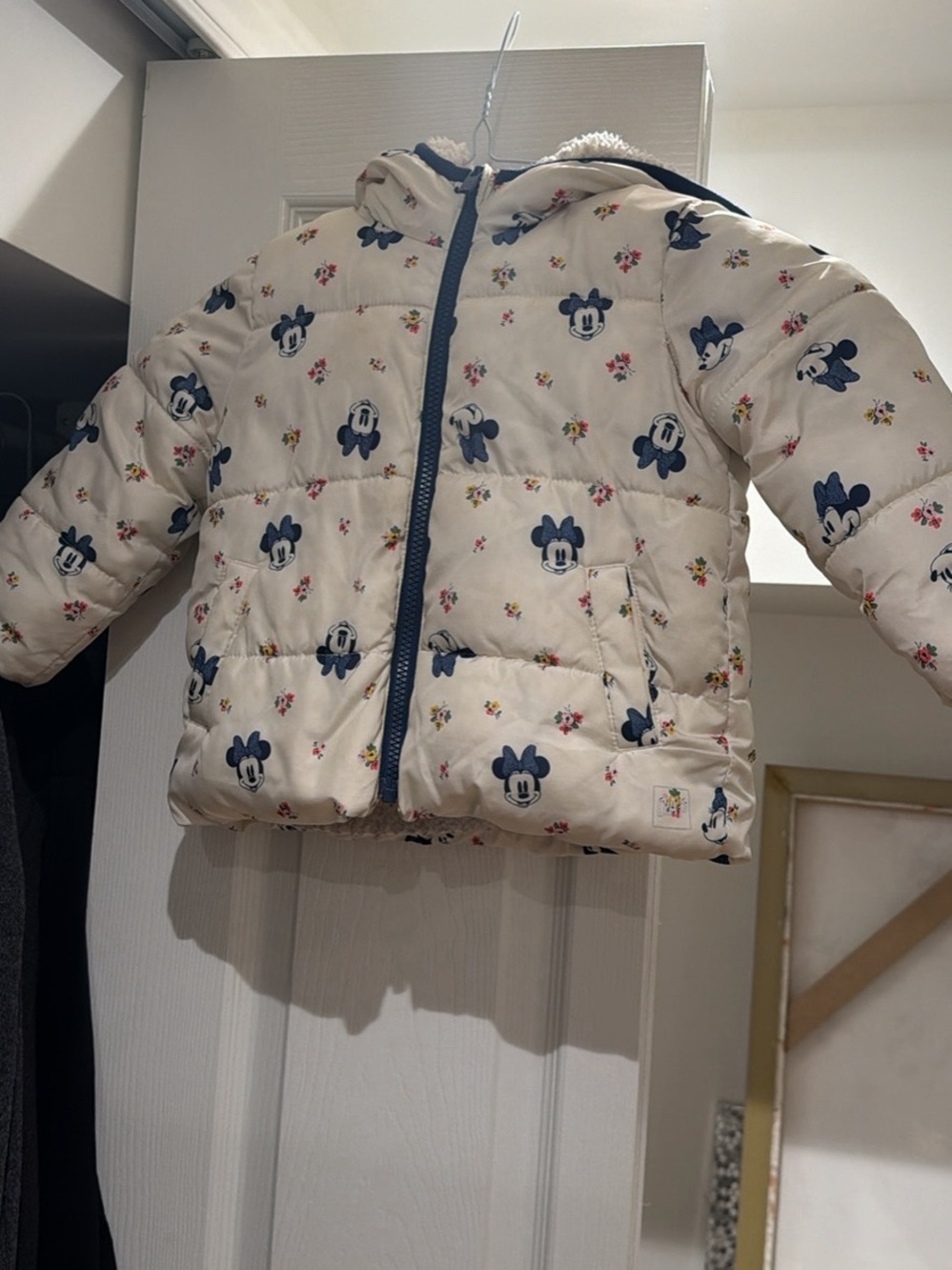 GAP Cream Puffer Jacket with Navy Mickey Print